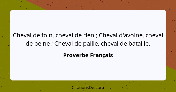 Cheval de foin, cheval de rien ; Cheval d'avoine, cheval de peine ; Cheval de paille, cheval de bataille.... - Proverbe Français