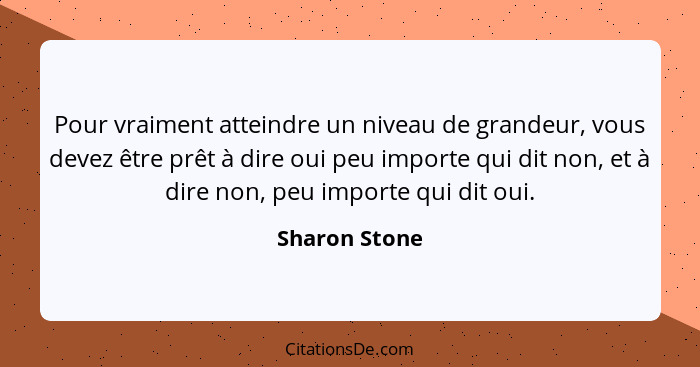 Pour vraiment atteindre un niveau de grandeur, vous devez être prêt à dire oui peu importe qui dit non, et à dire non, peu importe qui... - Sharon Stone