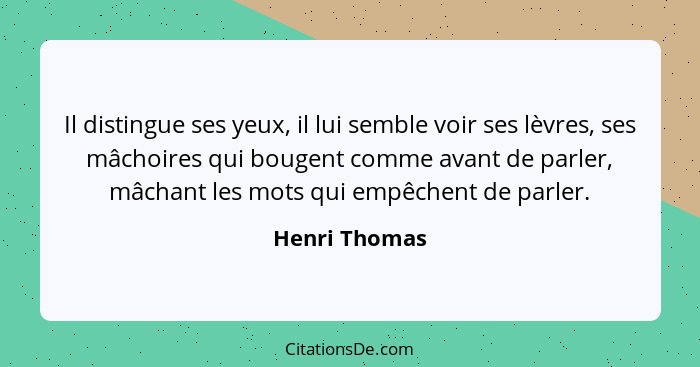 Il distingue ses yeux, il lui semble voir ses lèvres, ses mâchoires qui bougent comme avant de parler, mâchant les mots qui empêchent d... - Henri Thomas