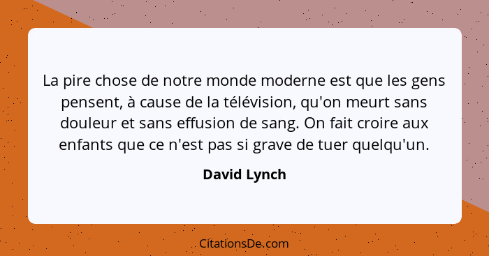 La pire chose de notre monde moderne est que les gens pensent, à cause de la télévision, qu'on meurt sans douleur et sans effusion de sa... - David Lynch