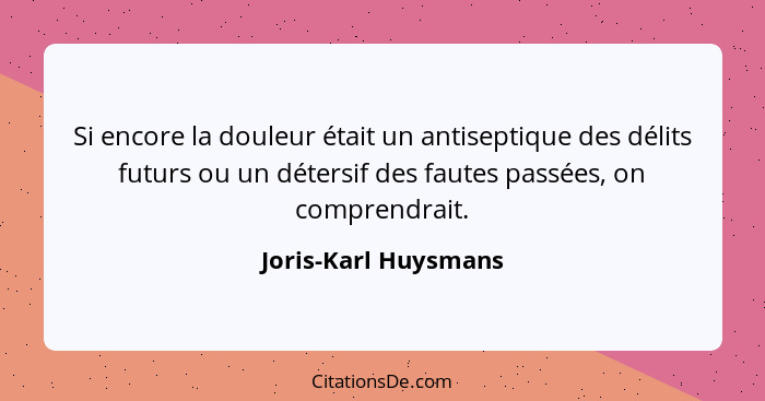 Si encore la douleur était un antiseptique des délits futurs ou un détersif des fautes passées, on comprendrait.... - Joris-Karl Huysmans