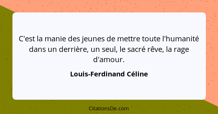 C'est la manie des jeunes de mettre toute l'humanité dans un derrière, un seul, le sacré rêve, la rage d'amour.... - Louis-Ferdinand Céline