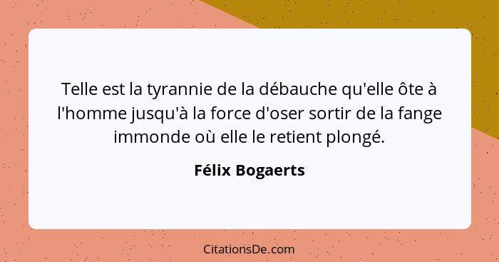 Telle est la tyrannie de la débauche qu'elle ôte à l'homme jusqu'à la force d'oser sortir de la fange immonde où elle le retient plon... - Félix Bogaerts