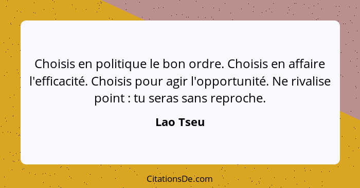 Choisis en politique le bon ordre. Choisis en affaire l'efficacité. Choisis pour agir l'opportunité. Ne rivalise point : tu seras sans... - Lao Tseu