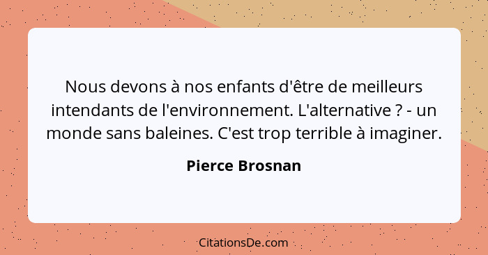 Nous devons à nos enfants d'être de meilleurs intendants de l'environnement. L'alternative ? - un monde sans baleines. C'est tro... - Pierce Brosnan