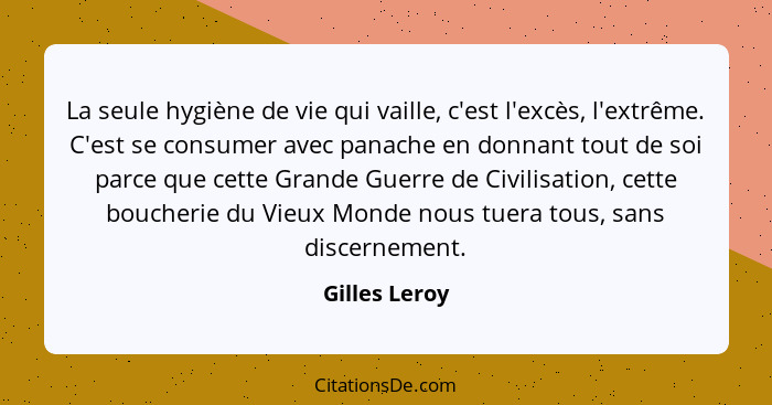 La seule hygiène de vie qui vaille, c'est l'excès, l'extrême. C'est se consumer avec panache en donnant tout de soi parce que cette Gra... - Gilles Leroy