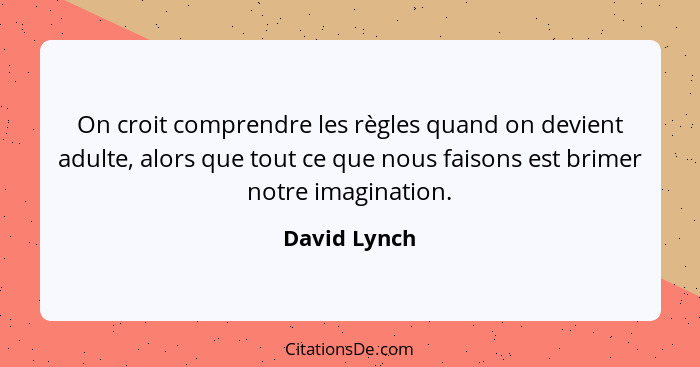 On croit comprendre les règles quand on devient adulte, alors que tout ce que nous faisons est brimer notre imagination.... - David Lynch