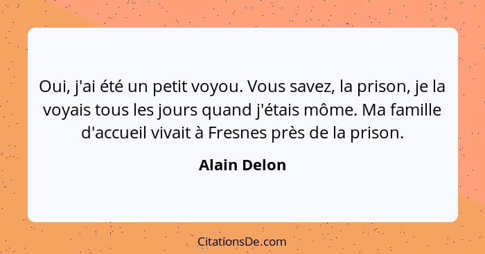 Oui, j'ai été un petit voyou. Vous savez, la prison, je la voyais tous les jours quand j'étais môme. Ma famille d'accueil vivait à Fresn... - Alain Delon