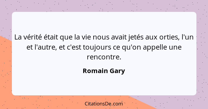 La vérité était que la vie nous avait jetés aux orties, l'un et l'autre, et c'est toujours ce qu'on appelle une rencontre.... - Romain Gary