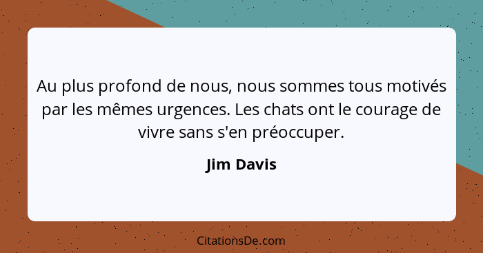 Au plus profond de nous, nous sommes tous motivés par les mêmes urgences. Les chats ont le courage de vivre sans s'en préoccuper.... - Jim Davis