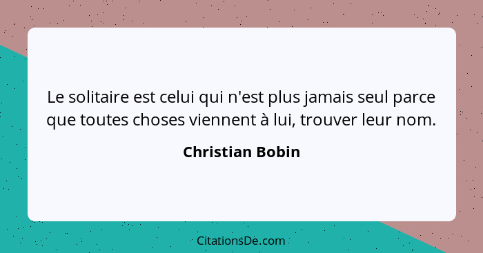 Le solitaire est celui qui n'est plus jamais seul parce que toutes choses viennent à lui, trouver leur nom.... - Christian Bobin