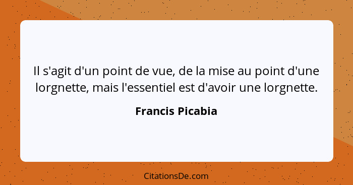 Il s'agit d'un point de vue, de la mise au point d'une lorgnette, mais l'essentiel est d'avoir une lorgnette.... - Francis Picabia