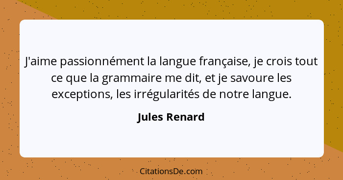 J'aime passionnément la langue française, je crois tout ce que la grammaire me dit, et je savoure les exceptions, les irrégularités de... - Jules Renard