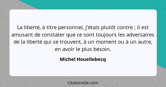 La liberté, à titre personnel, j'étais plutôt contre ; il est amusant de constater que ce sont toujours les adversaires de l... - Michel Houellebecq