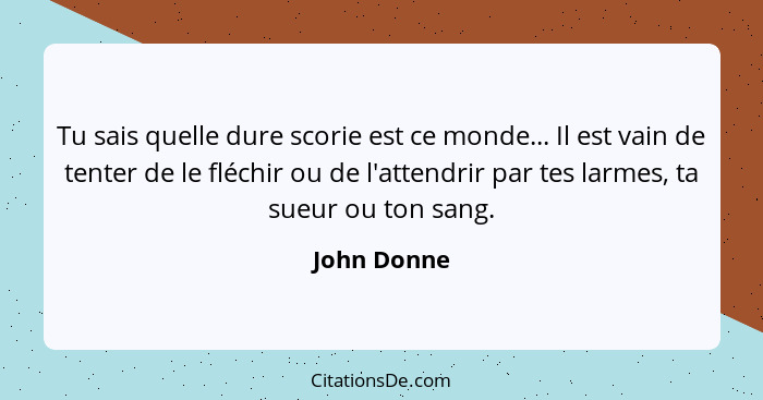 Tu sais quelle dure scorie est ce monde... Il est vain de tenter de le fléchir ou de l'attendrir par tes larmes, ta sueur ou ton sang.... - John Donne