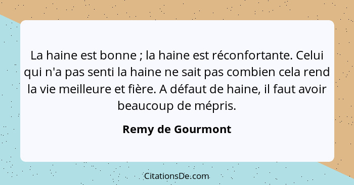 La haine est bonne ; la haine est réconfortante. Celui qui n'a pas senti la haine ne sait pas combien cela rend la vie meilleu... - Remy de Gourmont