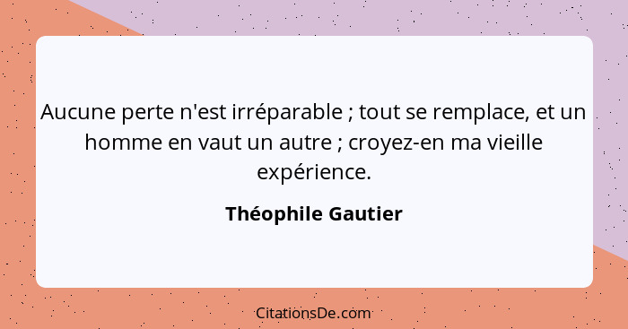 Aucune perte n'est irréparable ; tout se remplace, et un homme en vaut un autre ; croyez-en ma vieille expérience.... - Théophile Gautier