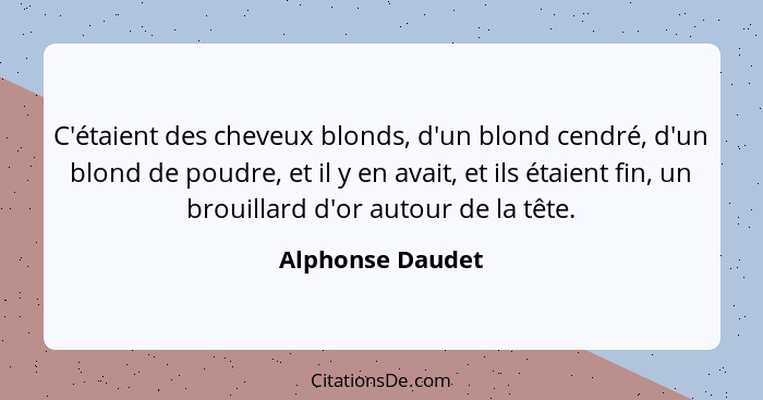 C'étaient des cheveux blonds, d'un blond cendré, d'un blond de poudre, et il y en avait, et ils étaient fin, un brouillard d'or auto... - Alphonse Daudet