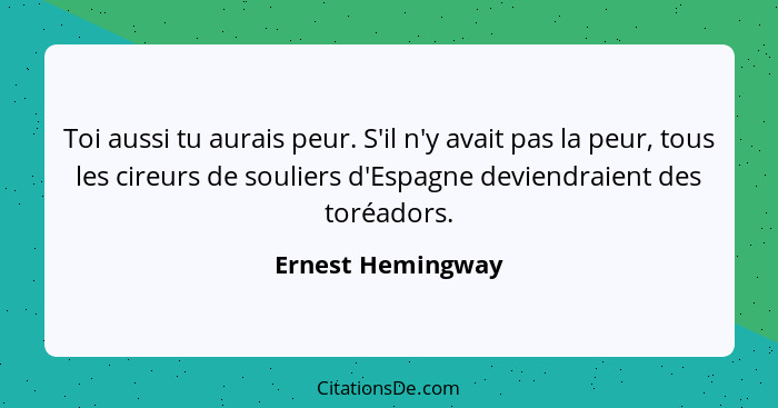 Toi aussi tu aurais peur. S'il n'y avait pas la peur, tous les cireurs de souliers d'Espagne deviendraient des toréadors.... - Ernest Hemingway