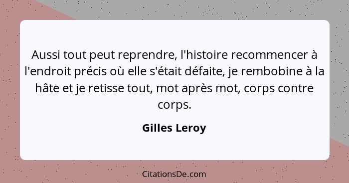 Aussi tout peut reprendre, l'histoire recommencer à l'endroit précis où elle s'était défaite, je rembobine à la hâte et je retisse tout... - Gilles Leroy