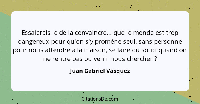 Essaierais je de la convaincre... que le monde est trop dangereux pour qu'on s'y promène seul, sans personne pour nous attendre... - Juan Gabriel Vásquez