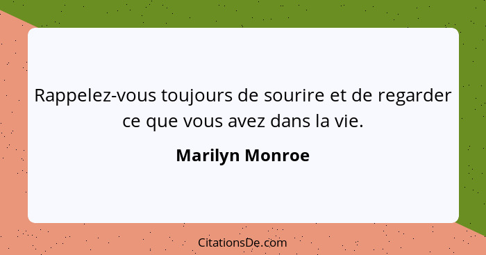 Rappelez-vous toujours de sourire et de regarder ce que vous avez dans la vie.... - Marilyn Monroe