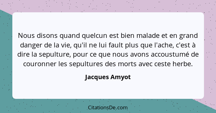 Nous disons quand quelcun est bien malade et en grand danger de la vie, qu'il ne lui fault plus que l'ache, c'est à dire la sepulture,... - Jacques Amyot