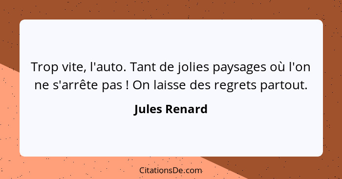 Trop vite, l'auto. Tant de jolies paysages où l'on ne s'arrête pas ! On laisse des regrets partout.... - Jules Renard