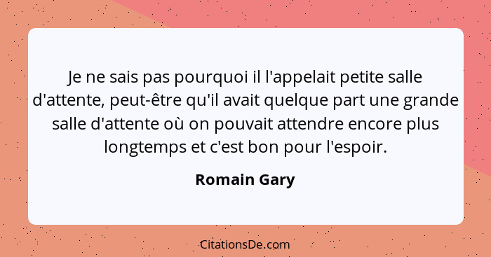 Je ne sais pas pourquoi il l'appelait petite salle d'attente, peut-être qu'il avait quelque part une grande salle d'attente où on pouvai... - Romain Gary