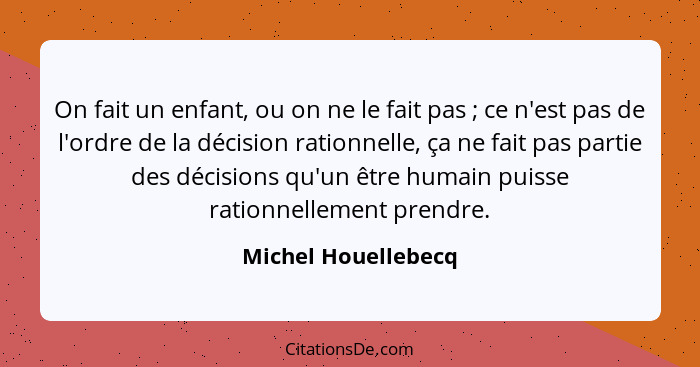 On fait un enfant, ou on ne le fait pas ; ce n'est pas de l'ordre de la décision rationnelle, ça ne fait pas partie des déci... - Michel Houellebecq