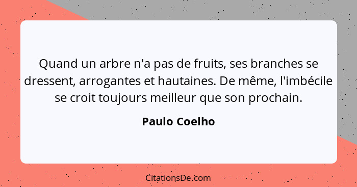 Quand un arbre n'a pas de fruits, ses branches se dressent, arrogantes et hautaines. De même, l'imbécile se croit toujours meilleur que... - Paulo Coelho