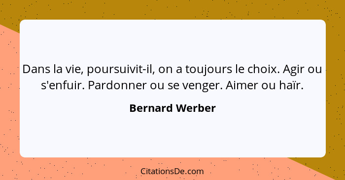 Dans la vie, poursuivit-il, on a toujours le choix. Agir ou s'enfuir. Pardonner ou se venger. Aimer ou haïr.... - Bernard Werber