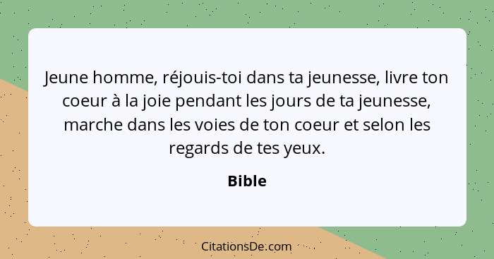 Jeune homme, réjouis-toi dans ta jeunesse, livre ton coeur à la joie pendant les jours de ta jeunesse, marche dans les voies de ton coeur et s... - Bible