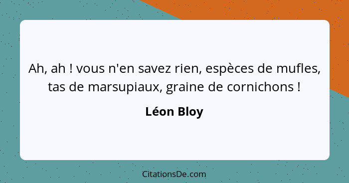 Ah, ah ! vous n'en savez rien, espèces de mufles, tas de marsupiaux, graine de cornichons !... - Léon Bloy