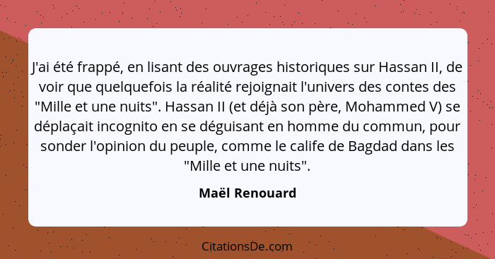 J'ai été frappé, en lisant des ouvrages historiques sur Hassan II, de voir que quelquefois la réalité rejoignait l'univers des contes... - Maël Renouard