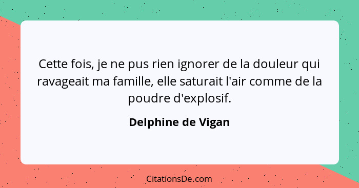 Cette fois, je ne pus rien ignorer de la douleur qui ravageait ma famille, elle saturait l'air comme de la poudre d'explosif.... - Delphine de Vigan