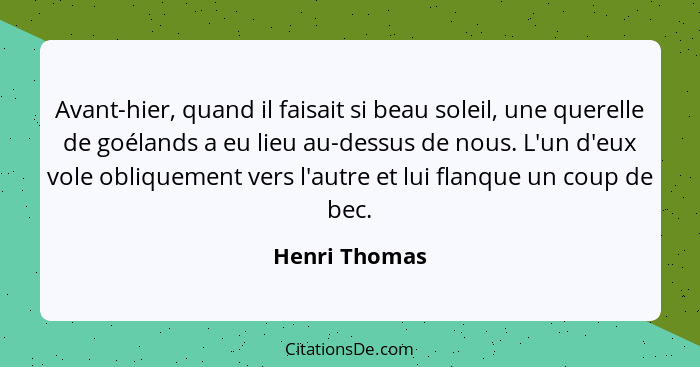 Avant-hier, quand il faisait si beau soleil, une querelle de goélands a eu lieu au-dessus de nous. L'un d'eux vole obliquement vers l'a... - Henri Thomas