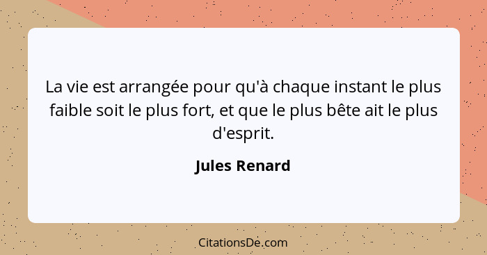 La vie est arrangée pour qu'à chaque instant le plus faible soit le plus fort, et que le plus bête ait le plus d'esprit.... - Jules Renard