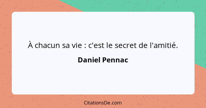 À chacun sa vie : c'est le secret de l'amitié.... - Daniel Pennac