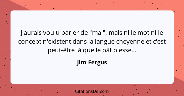 J'aurais voulu parler de "mal", mais ni le mot ni le concept n'existent dans la langue cheyenne et c'est peut-être là que le bât blesse..... - Jim Fergus