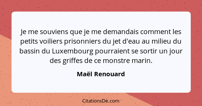 Je me souviens que je me demandais comment les petits voiliers prisonniers du jet d'eau au milieu du bassin du Luxembourg pourraient s... - Maël Renouard