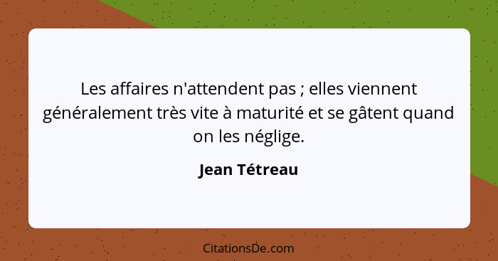 Les affaires n'attendent pas ; elles viennent généralement très vite à maturité et se gâtent quand on les néglige.... - Jean Tétreau