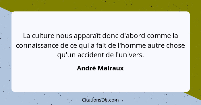 La culture nous apparaît donc d'abord comme la connaissance de ce qui a fait de l'homme autre chose qu'un accident de l'univers.... - André Malraux