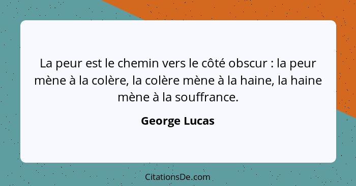 La peur est le chemin vers le côté obscur : la peur mène à la colère, la colère mène à la haine, la haine mène à la souffrance.... - George Lucas