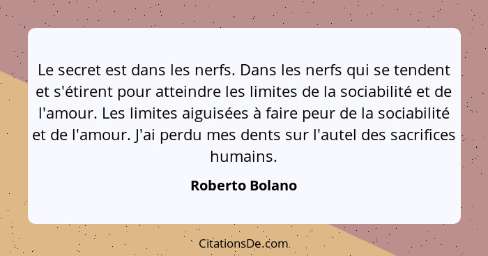 Le secret est dans les nerfs. Dans les nerfs qui se tendent et s'étirent pour atteindre les limites de la sociabilité et de l'amour.... - Roberto Bolano