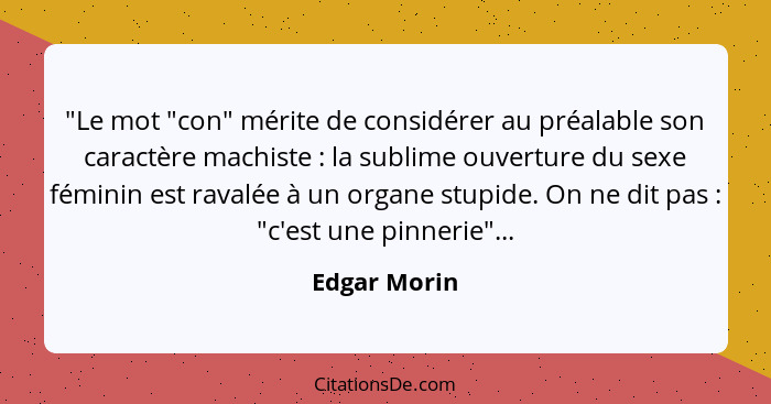 "Le mot "con" mérite de considérer au préalable son caractère machiste : la sublime ouverture du sexe féminin est ravalée à un orga... - Edgar Morin