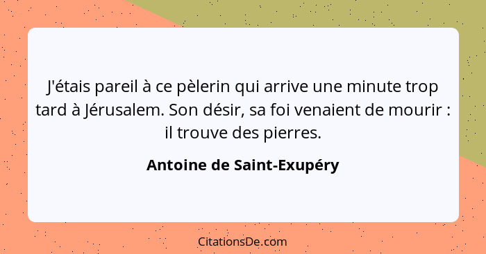 J'étais pareil à ce pèlerin qui arrive une minute trop tard à Jérusalem. Son désir, sa foi venaient de mourir : il tro... - Antoine de Saint-Exupéry