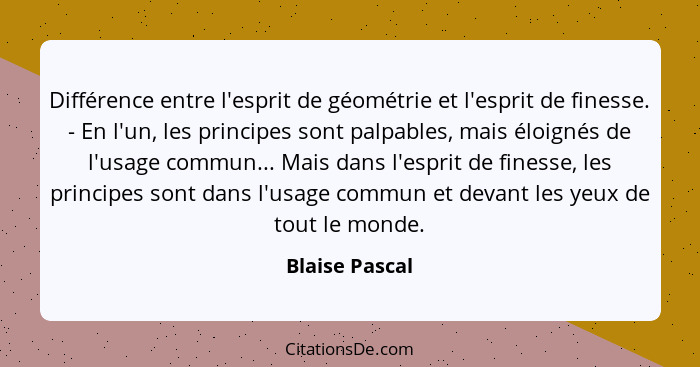 Différence entre l'esprit de géométrie et l'esprit de finesse. - En l'un, les principes sont palpables, mais éloignés de l'usage commu... - Blaise Pascal