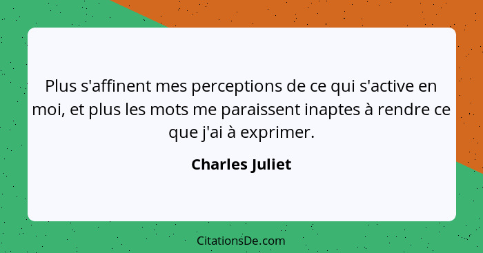 Plus s'affinent mes perceptions de ce qui s'active en moi, et plus les mots me paraissent inaptes à rendre ce que j'ai à exprimer.... - Charles Juliet