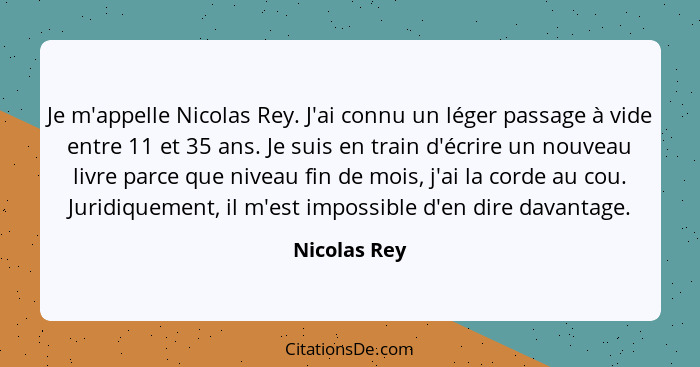 Je m'appelle Nicolas Rey. J'ai connu un léger passage à vide entre 11 et 35 ans. Je suis en train d'écrire un nouveau livre parce que ni... - Nicolas Rey